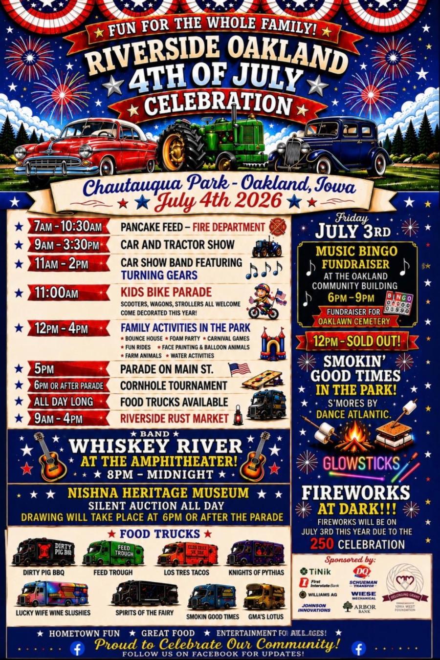 4th of july flyer, car show, food trucks, red white blue, fireworks show, Whiskey River band