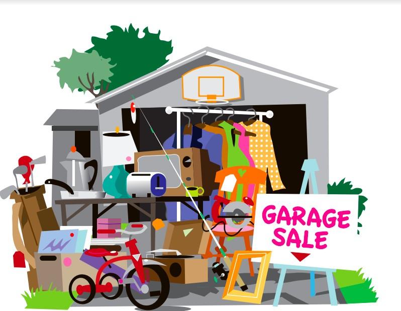 garage sale sign, bike, clothes, household items