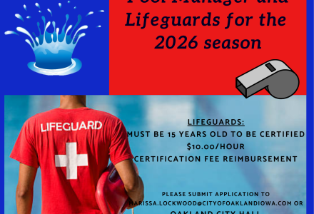 now hiring, red and blue, lifeguard, pool manager, due April 1st