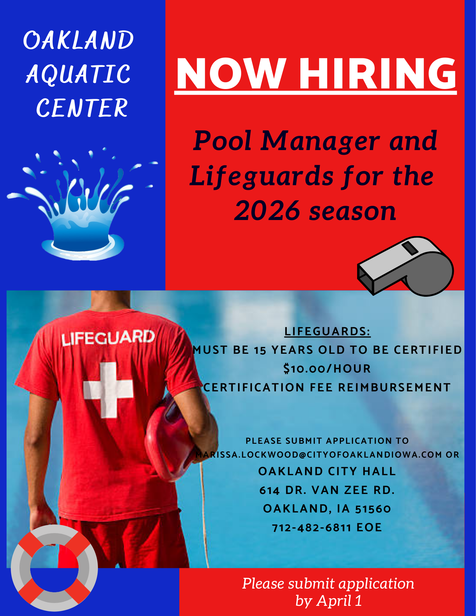 now hiring, red and blue, lifeguard, pool manager, due April 1st