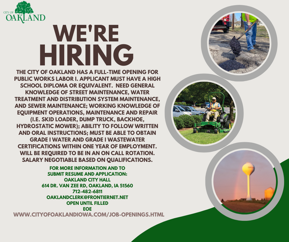 Job Openings City of Oakland, IA